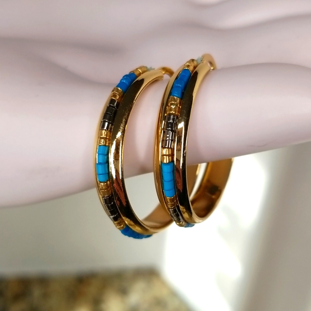 Beaded Gold Hoop Earrings - Picture 2 of 11